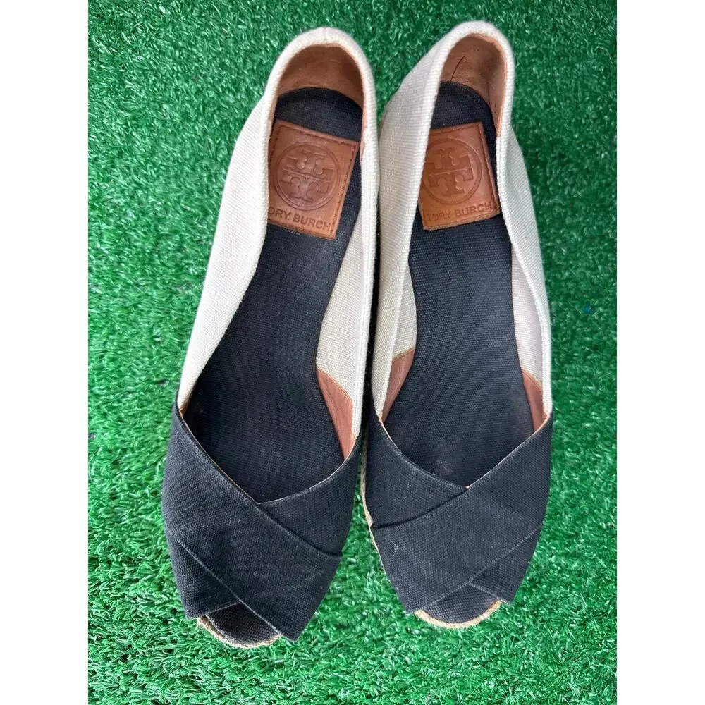 Tory Burch US 10B Filipa Espadrille Wedge Beige Black Heels